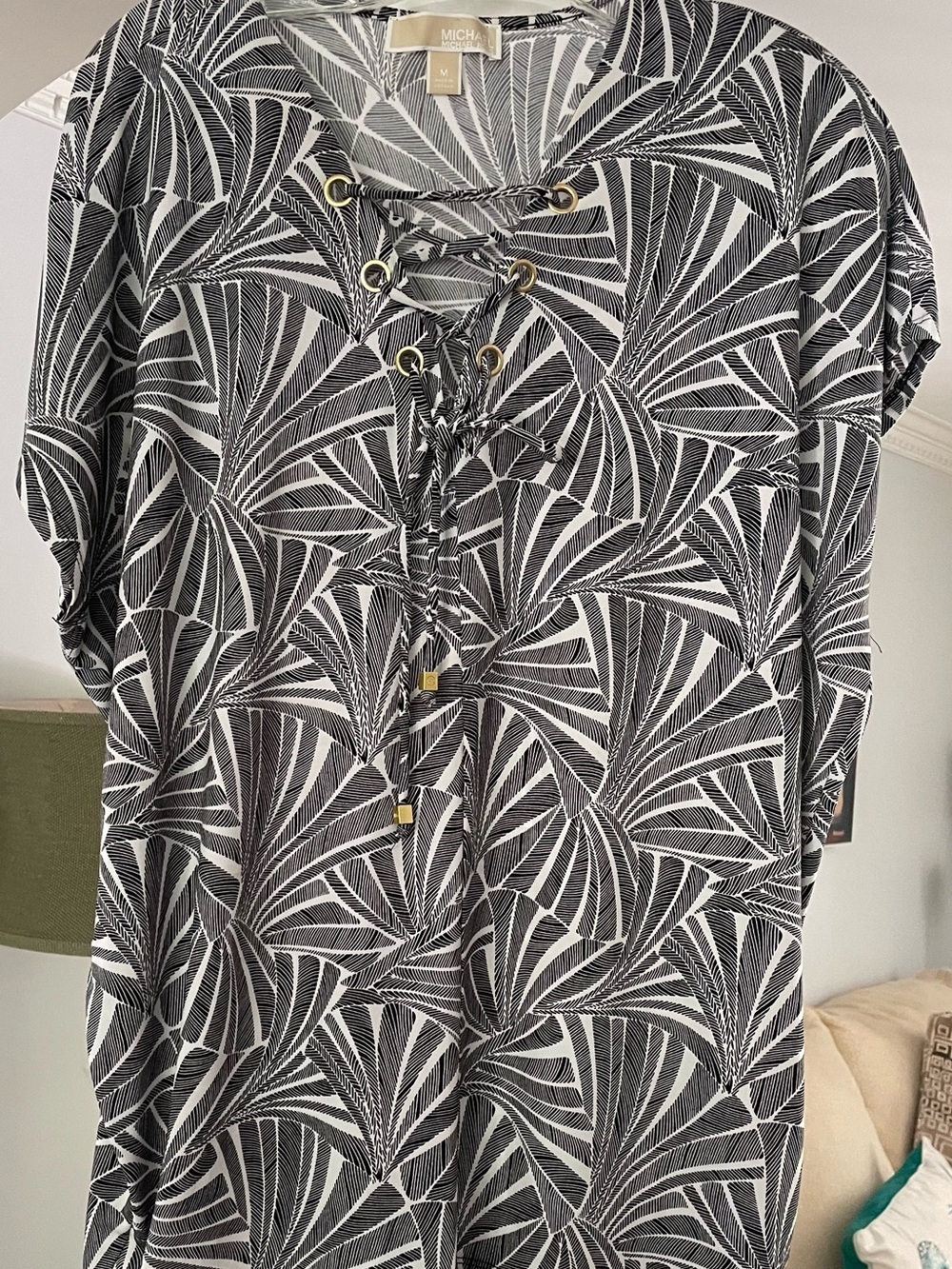 MICHAEL Michael Kors Black & White Lace-Up Fan Print , short sleeve blouse